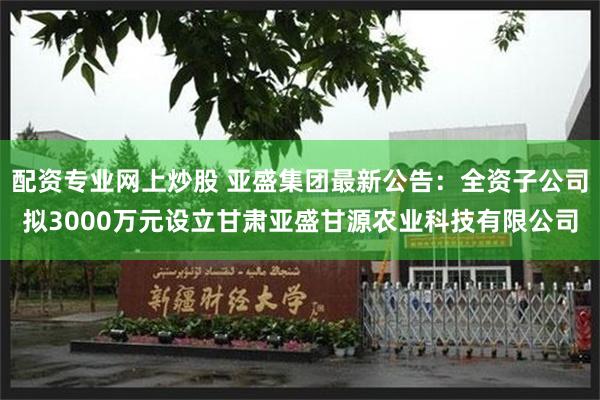 配资专业网上炒股 亚盛集团最新公告：全资子公司拟3000万元设立甘肃亚盛甘源农业科技有限公司