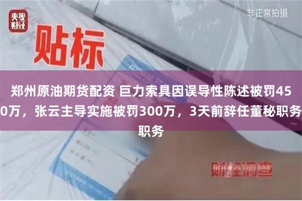 郑州原油期货配资 巨力索具因误导性陈述被罚450万，张云主导实施被罚300万，3天前辞任董秘职务